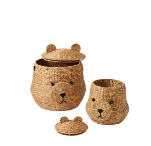 <b>Large</b> Bear Water Hyacinth <b>Storage</b> <b>Basket</b> with Lid Woven Animal Toy Organizer Bin Cute Teddy Nursery Room Decor - Product Image 2