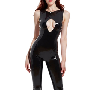 Mono sin mangas negro de PU para mujer, de cintura alta, ajustado, largo, con aberturas, estilo clubwear, corte ceñido. - Product Image 6
