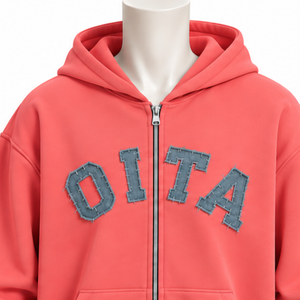 Coral Mens <b>Zip</b> Up <b>Hoodie</b> Heavyweight Cotton Fleece Chenille Letter Applique Oversized Streetwear Sweatshirt with Front <b>Pockets</b> - Product Image 3