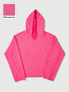 Sudadera con capucha personalizada de marca privada con pedrería, unisex, de algodón grueso de 450 GSM, forro polar, estilo cropped, desgastada, rosa, al por mayor - Product Image 2