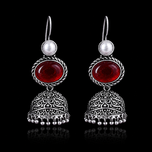 Pendientes Jhumka de Piedra Roja con Garantía Comercial |   Proveedor de Joyería Étnica de Plata Oxidada - Product Image 6