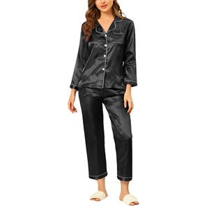 Ensemble de pyjama de salon boutonné en satin respirant pour femmes vêtements de nuit doux avec motif solide pour l'été, l'automne et le printemps - Product Image 1