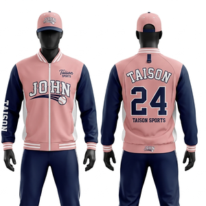 Veste d'entraînement de baseball pour hommes, 325 GSM, mélange de coton et de polyester doux, crème, rayures marine, style varsity, logo brodé en chenille - Product Image 5