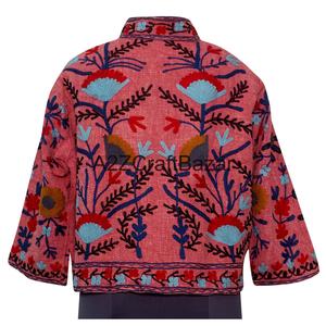 Handmade Suzani Design Winter Spring Bomber Jacket <b>Machine</b> Embroidery Floral <b>Pattern</b> <b>Knitted</b> Cotton Fabric Quick Dry Breathable - Product Image 6