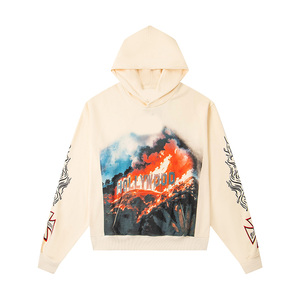 Sudadera con Capucha Roja para Hombre, Estilo Urbano Oversize, Estampado de Esqueleto Leyendo Periódico, Diseño de Llama en la Manga, Ropa de Otoño - Product Image 2