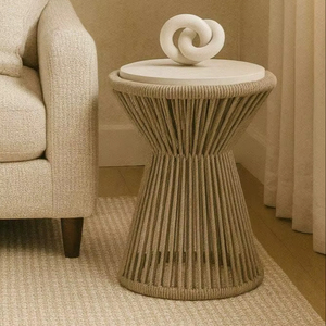 Round Rope Wrapped <b>Side</b> <b>Table</b> With Wooden Top For Small Spaces Bedroom Corner And <b>Sofa</b> Use - Product Image 1