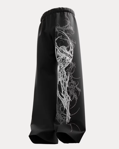 Pantalon large imprimé gothique pour homme, taille élastique, noir, polyester, motif, jambe droite, style automne - Product Image 1