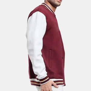 Men's Maroon White Varsity Jacket Corduroy Wool/Viscose Turn-down Collar <b>Covered</b> <b>Button</b> Closure Regular Fit Eco-Friendly - Product Image 2