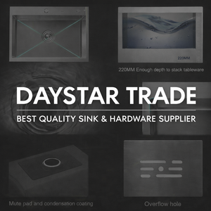 Évier de cuisine Daystar Trade moderne en acier inoxydable brossé argenté, 10 mm d'épaisseur, à cuve unique, à encastrer, quatre trous - Product Image 3