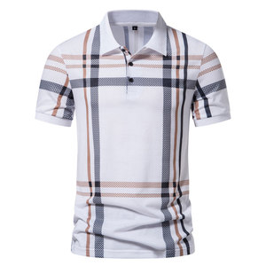 Polo à manches courtes pour homme, motif à carreaux, design tissé décontracté, coupe classique, blanc avec rayures bleues et beiges - Product Image 2