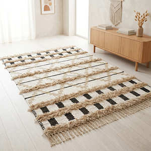 Modern Handmade Cotton Area <b>Rug</b> with Black Geometric Pattern for Contemporary Living <b>Spaces</b> - Product Image 5