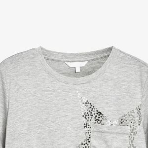 Women's Gray Crew Neck <b>T</b>-<b>Shirt</b> With <b>Sequined</b> Geometric Print Loose Fit Short Sleeve Casual Knitted 100% Cotton Breathable - Product Image 5