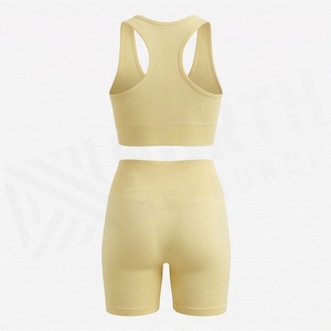 Women's 2 Piece Ribbed Sporty Set Sleeveless Crop <b>Top</b> <b>and</b> Above Knee <b>Shorts</b> Solid Yellow Breathable Spandex Nylon Activewear - Product Image 2