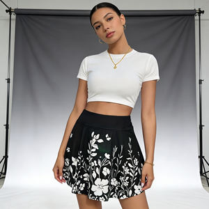 Hot sale on Temu <b>Ladies</b> Black White Floral Pattern Flared Mini <b>Skirt</b> High Elastic Waist Casual Pleated <b>Skirt</b> for Vacation - Product Image 2