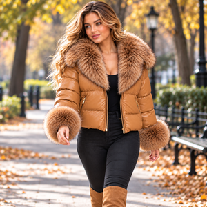 Chaqueta Acolchada Color Camel para Mujer con Cuello y Puños de Piel de Zorro, Abrigo Bomber de Invierno de Lujo, Ropa Exterior de Moda - Product Image 4