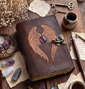 NEW ERA Vintage Wings Journal Genuine Leather Cotton Paper Stone Deckle Edge Sewing Binding 120 Sheets Grimoire Diary - Product Image 1
