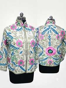 Chaqueta Bordada Suzani Color Crema Beige al por Mayor para Mujer, Ropa Exterior Tradicional con Bordado Floral a Mano, Moda Étnica - Product Image 5