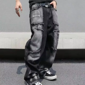 Patchwork Ripped <b>Denim</b> Jeans High Waist Loose Fit Streetwear Style Distressed Washed Cotton <b>Men's</b> Jeans Autumn Wear - Product Image 6