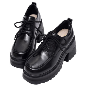 Ann'S Genuine Leather Platform Oxford Shoes 9cm Chunky Heel Lace Up Derby Black Shoes Thick Sole Fashion Shoes - Product Image 1