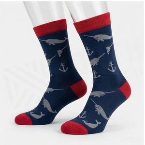 NORTH APPROACH Crew <b>Socks</b> Navy Blue Narwhal Anchor Pattern Red Cuff Breathable Adult Casual Summer <b>Socks</b> - Product Image 3