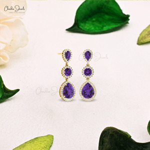 Trending Products 6.14 CTW Prong Set Amethyst Three Stone Dangle <b>Earrings</b> With 14k Solid Gold Diamond Halo Dangler <b>Earrings</b> - Product Image 4