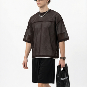 เสื้อยืดโอเวอร์ไซส์ผู้ชาย แขนสั้น คอกลม ผ้าตาข่าย ระบายอากาศ สไตล์สตรีท สีดำล้วน ผ้าฝ้ายถัก 100% ใส่สบายในฤดูหนาว - Product Image 4