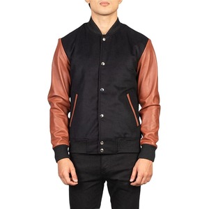 Men's Black With Brown PU Leather Sleeves Stand Collar Button Closure Casual Regular <b>Fit</b> Varsity <b>Jacket</b> Available For Sale - Product Image 2