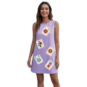 Robe Courte Sans Manches Bleu Clair en Gros avec Paillettes Mahjong, Silhouette Droite Décontractée et Respirante - Product Image 2