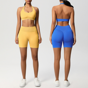 Ensemble soutien-gorge de sport dos nu côtelé sans couture pour femme, soutien moyen, respirant, séchage rapide, couleur unie, avec short taille haute pour yoga et fitness - Product Image 1