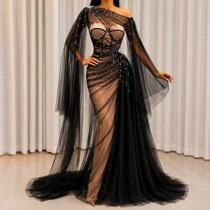 Robe de soirée noire transparente ornée de perles, décolleté cœur, en satin naturel, ornée de cristaux, robe de bal élégante sur mesure - Product Image 4