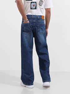 Jean ample vintage pour homme, coupe décontractée, 100 % coton, détails boutonnés, délavage moyen, couleur unie - Product Image 3