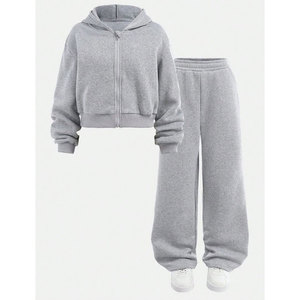Ensemble de survêtement gris clair à capuche pour femme, manches longues, couleur unie, décontracté, respirant, pantalon en coton avec poches latérales et fermeture éclair - Product Image 5