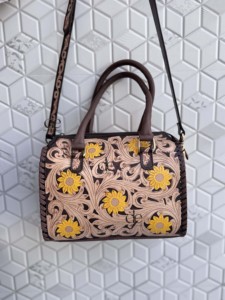 Hand Tooled Carving Leather Speedy Handbag Floral Pattern New Designer Gypsy Boho Shoulder Handmade Stylish Women Uses Ba - Product Image 2
