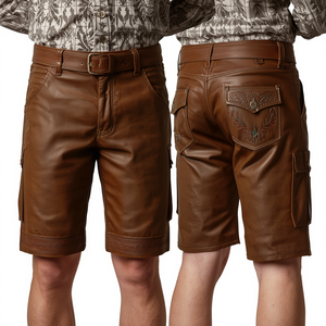 Pantalones Cortos de Cuero Tradicionales Bávaros para Hombre, Estilo Vintage Marrón Bordado, para el Festival de la Cerveza, Estilo Alpino Trachten - Product Image 3