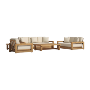 Ensemble de canapés de jardin modernes et durables en teck d'Indonésie, écologiques, trois places, coussins blanc crème, résistants aux UV - Product Image 4