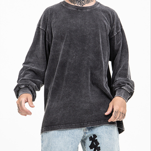 Camisetas de manga larga para hombre, estilo boxy, con efecto desgastado y lavado ácido, 100% algodón, cuello simulado, manga completa. - Product Image 1