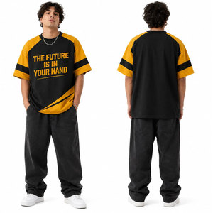 <b>Men's</b> Black Yellow Raglan Sleeve T-<b>Shirt</b> Oversized Casual O-Neck Printed Letter Design Contrast Trim Knitted Embossed T-<b>Shirt</b> - Product Image 6