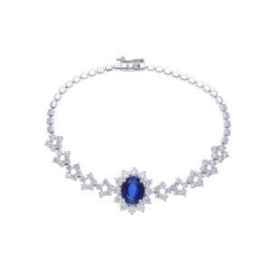 Pulsera de eslabones de oro blanco de 14 quilates con diamantes 3.2CTW y pulseras y brazaletes de diamantes elegantes de zafiros azules Halo-Set - Product Image 1
