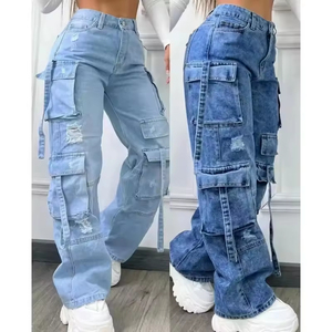 Pantalones Cargo de Cintura Alta para Hombre, Color Azul Claro, con Múltiples Bolsillos, Estilo Workwear, Lavado a la Piedra, para Verano - Product Image 5