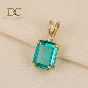 14KT <b>Solid</b> Yellow <b>Gold</b> Lab Grown Diamond & Colombian Emerald <b>Pendant</b> Charm Classic Solitaire Fine Jewelry for Women's - Product Image 4