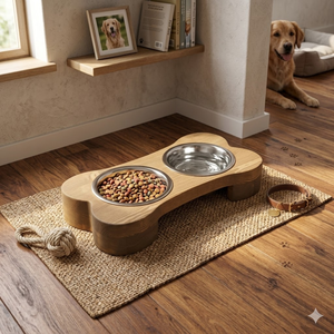 Comederos elevados de madera natural hechos a mano para mascotas, tazón para perros con forma de hueso, suministros para mascotas al por mayor desde Vietnam - Product Image 3