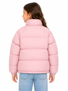 Livster Girls' Pink Winter <b>Hoodless</b> <b>Puffer</b> <b>Jacket</b> Warm Insulated Printed Design Stand Collar Full Front Snap Buttons - Product Image 3