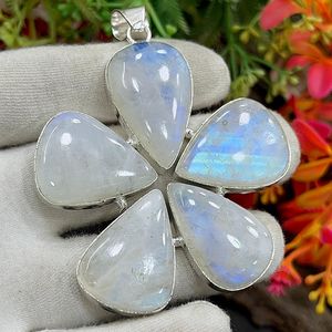 Huge Rainbow <b>Moonstone</b> 925 Sterling Silver 14K Gold Plated Handmade 5 Stone Flower Necklace IGI Certified Gift for Women - Product Image 1