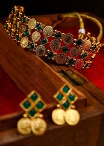 High Quality Matte Finish <b>Gold</b> Plated Copper Alloy Coin Choker <b>Set</b> Synthetic Stone Temple Indian Ethnic Women's Jewelry <b>Sets</b> - Product Image 2