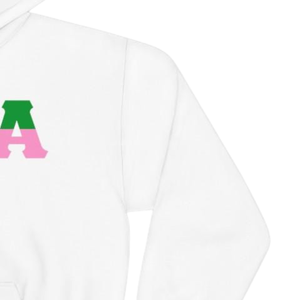 Sudadera con Capucha de Dos Tonos con Letras AKA, Sudadera de Forro Polar Premium, Ropa Personalizada para Hermandades Griegas, para Mujer, en Blanco, Verde y Rosa - Product Image 3