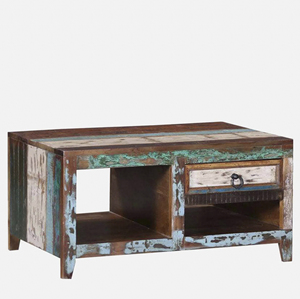 Mesa de Centro de Madera Reciclada Rústica Hecha a Mano con Acabado Desgastado y Cajón de Almacenamiento Integrado para Sala de Estar - Product Image 1