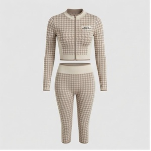 Ensemble de yoga 2 pièces North Approach, fermeture éclair intégrale sur le devant, motif pied-de-poule, taille haute, vêtements de sport sans couture - Product Image 1