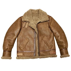 Veste d'aviateur en cuir véritable pour homme, doublée en sherpa, fermeture éclair, style motard, épaisse et chaude, style fourrure. - Product Image 1