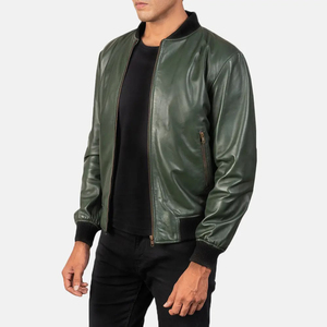 Men's Green Genuine <b>Leather</b> Streetwear Bomber <b>Jacket</b> with Stand Collar Zipper Closure Casual <b>Winter</b> Outwear - Product Image 2