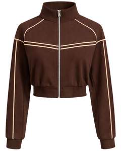 Veste de sport courte marron pour femme, zippée, pour la gym et le fitness, avec rayures contrastées, vêtements de sport, fabricant OEM - Product Image 1
